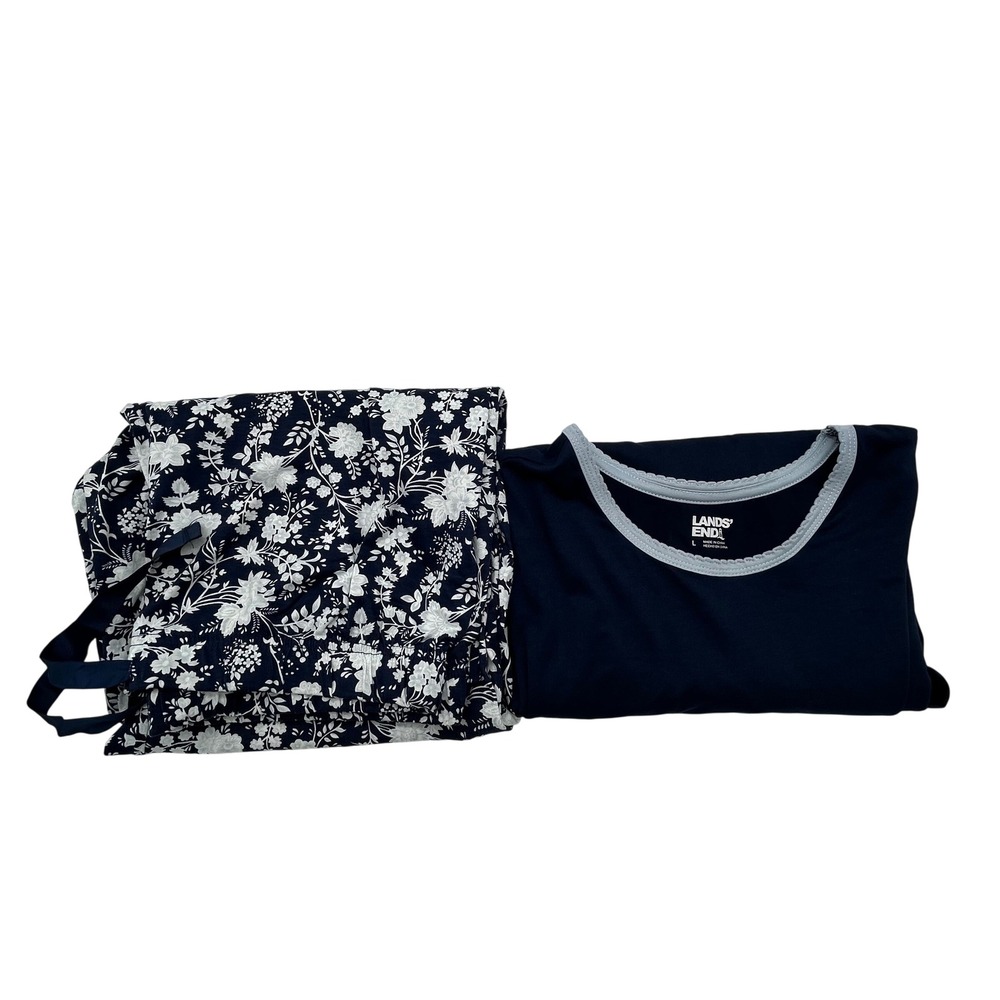Lands End Navy Blue Floral Pajama Set Short Sleeve Lace Trim Top Pants Large
